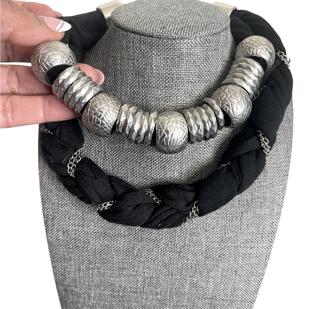 Bold Silver and Black Statement Jeweled Necklace - Picture 4 of 5